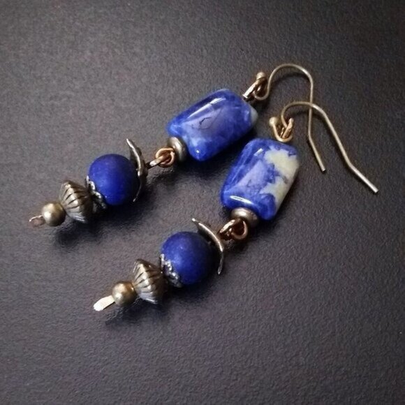 Blue Sodalite + Lapis Lazuli + Bronze ~ Handmade & One-of-a-kind Dangle Earrings - Picture 1 of 10